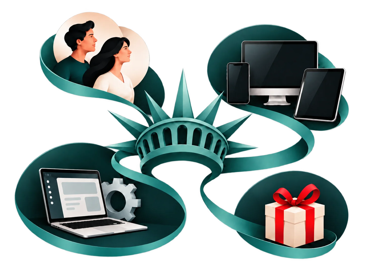 The Statue of Liberty’s crown surrounded by people, devices and a gift