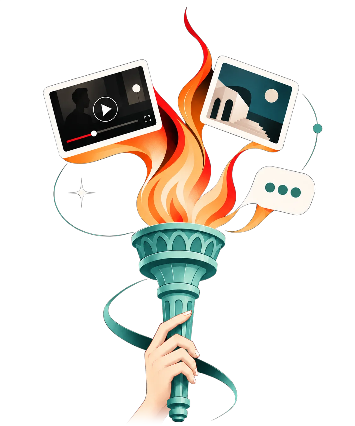 A hand holding a torch whose flame turns into images of video, pictures and conversation