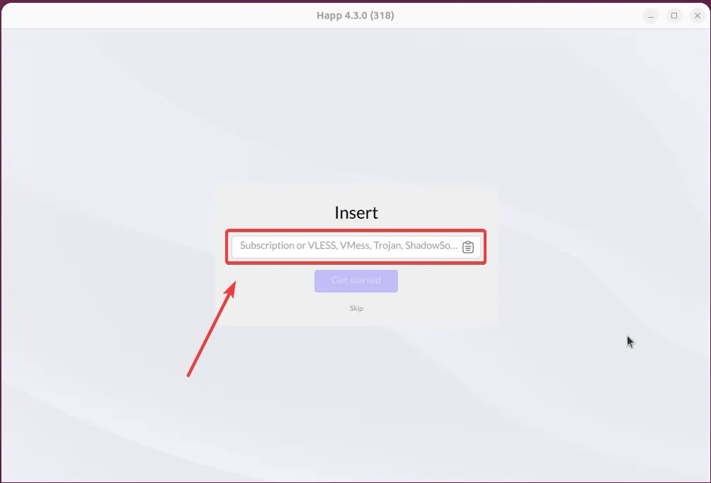 Initial Insert screen with the subscription field and clipboard icon in Happ