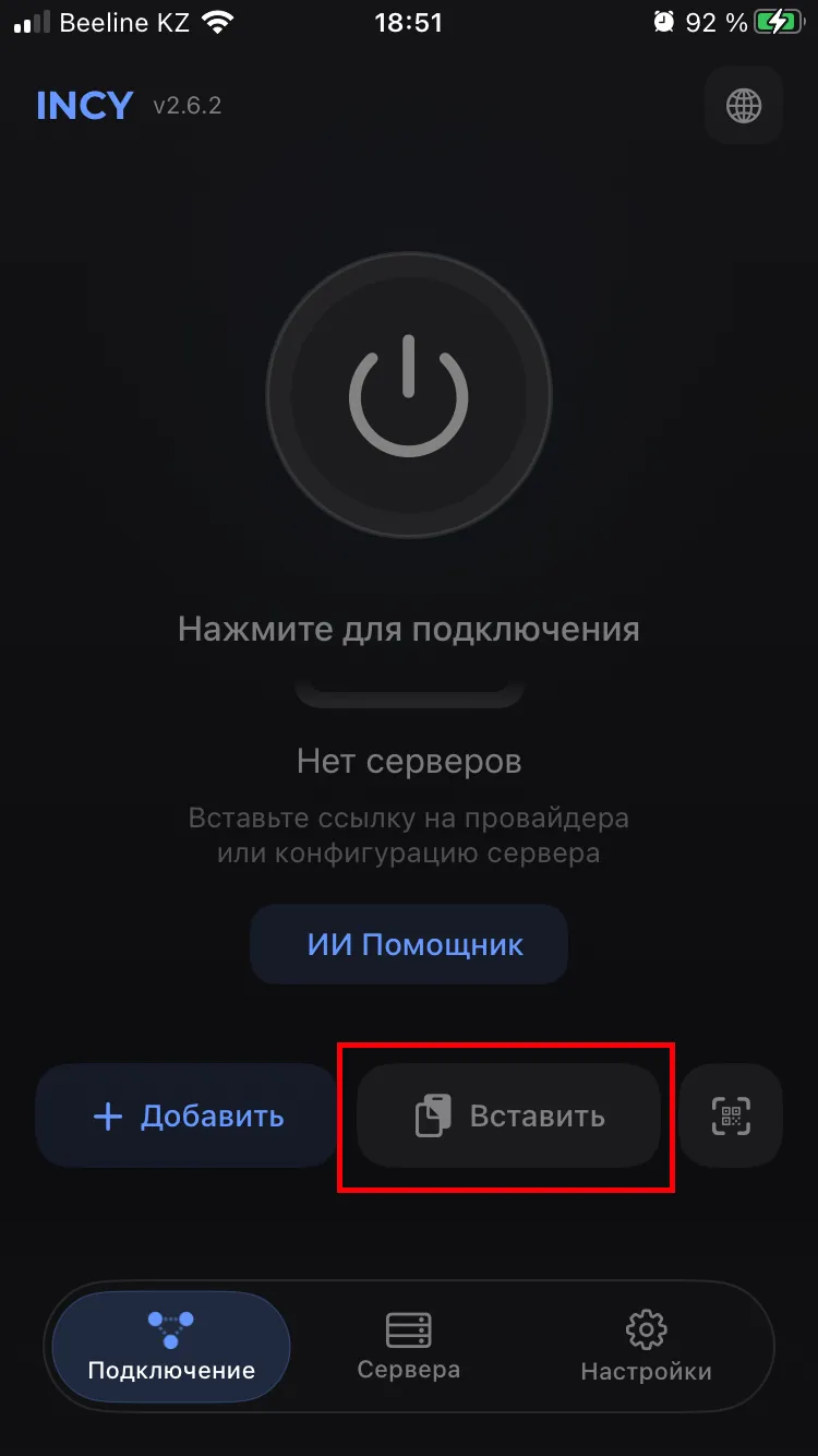 Кнопка «Вставить» на главном экране INCY
