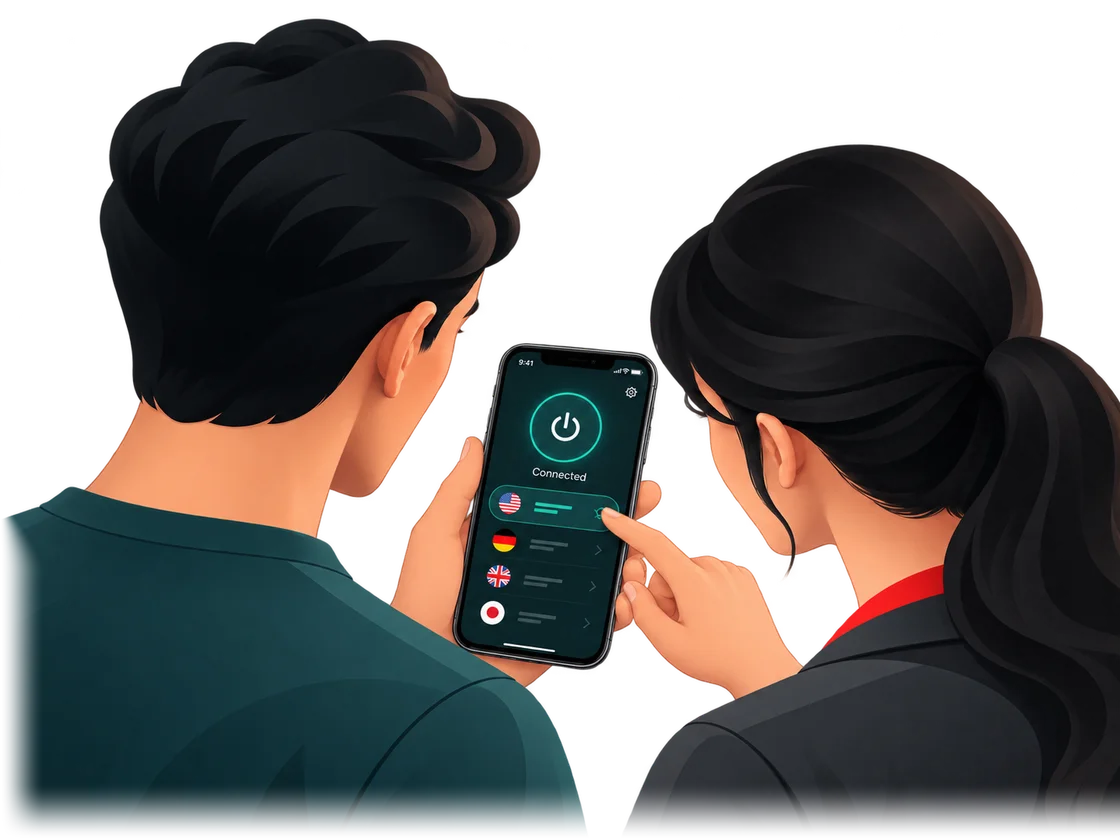 Two people setting up a VPN connection together on a smartphone